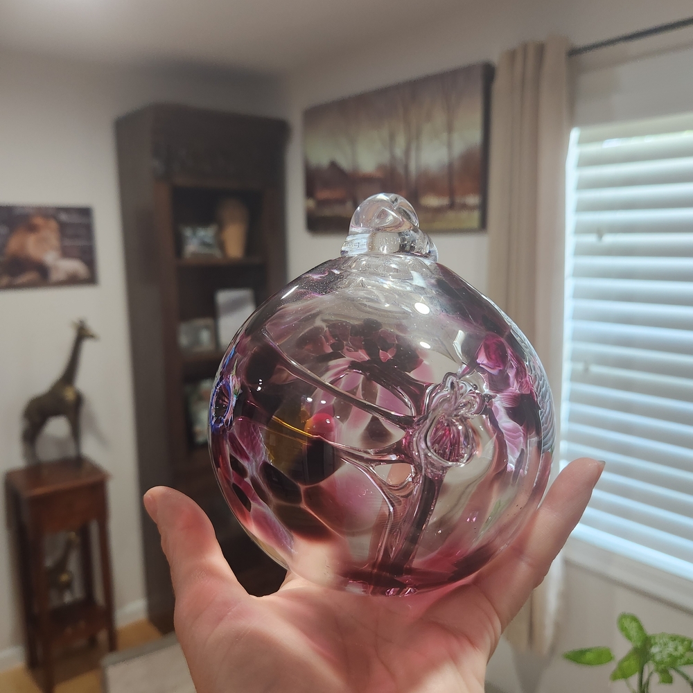 Hand Blown Art Glass Gazing Ball Purple Pink 4.5" Ornament Sun Catcher Large Exc
